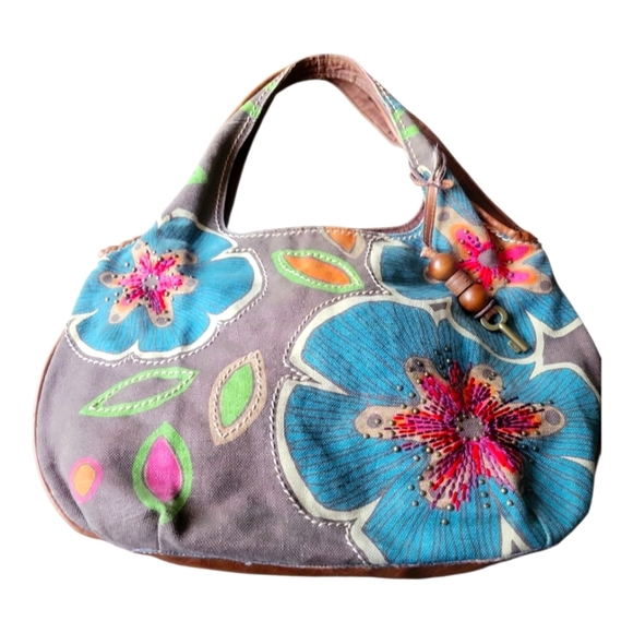 Fossil Floral Embroidered Leather Trim and Fabric Summer Women's Tote Bag - Picture 1 of 8